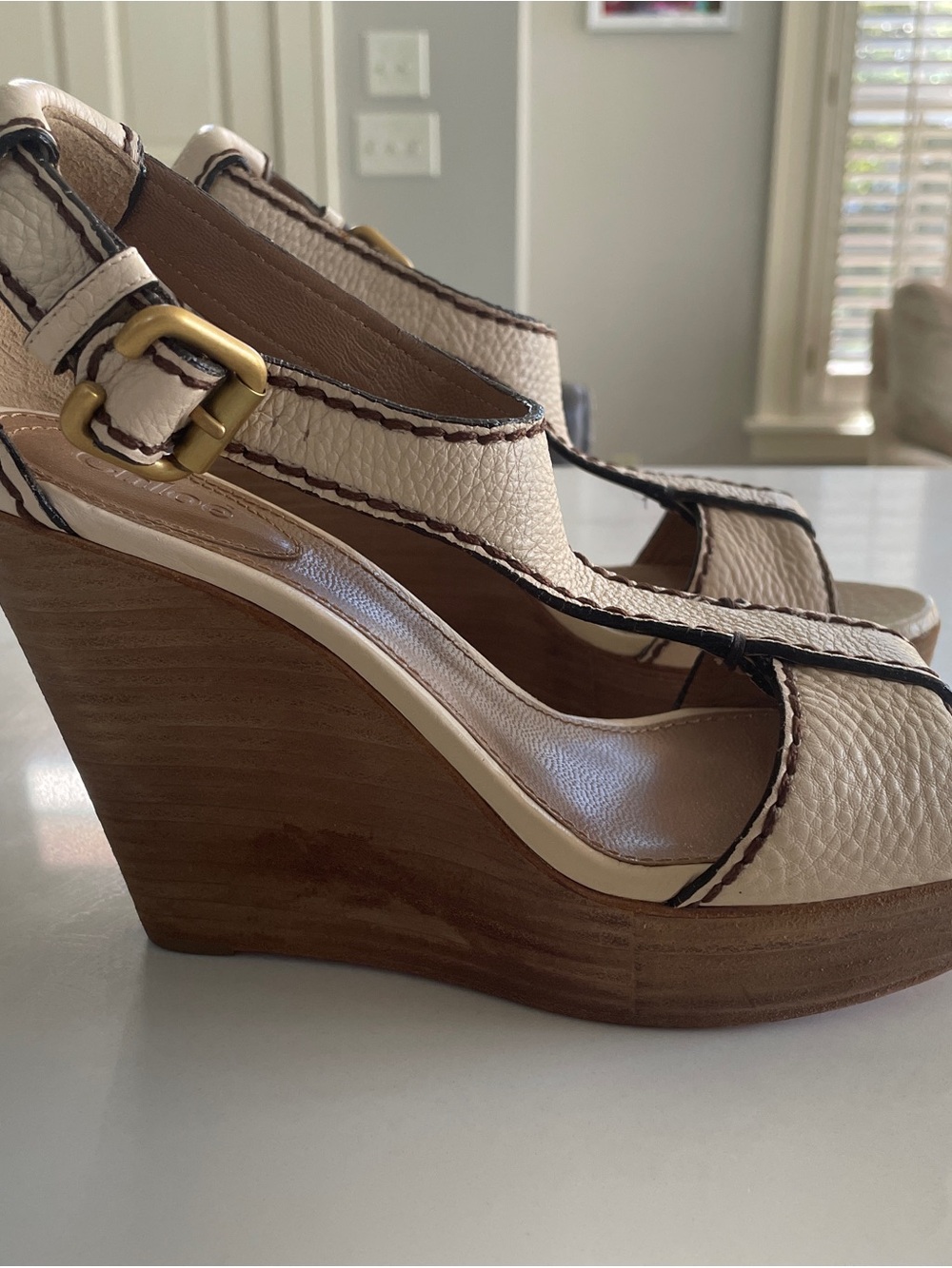 Chloe Ivory T-Strap Wedge Platform Sandals - Picture 3 of 6